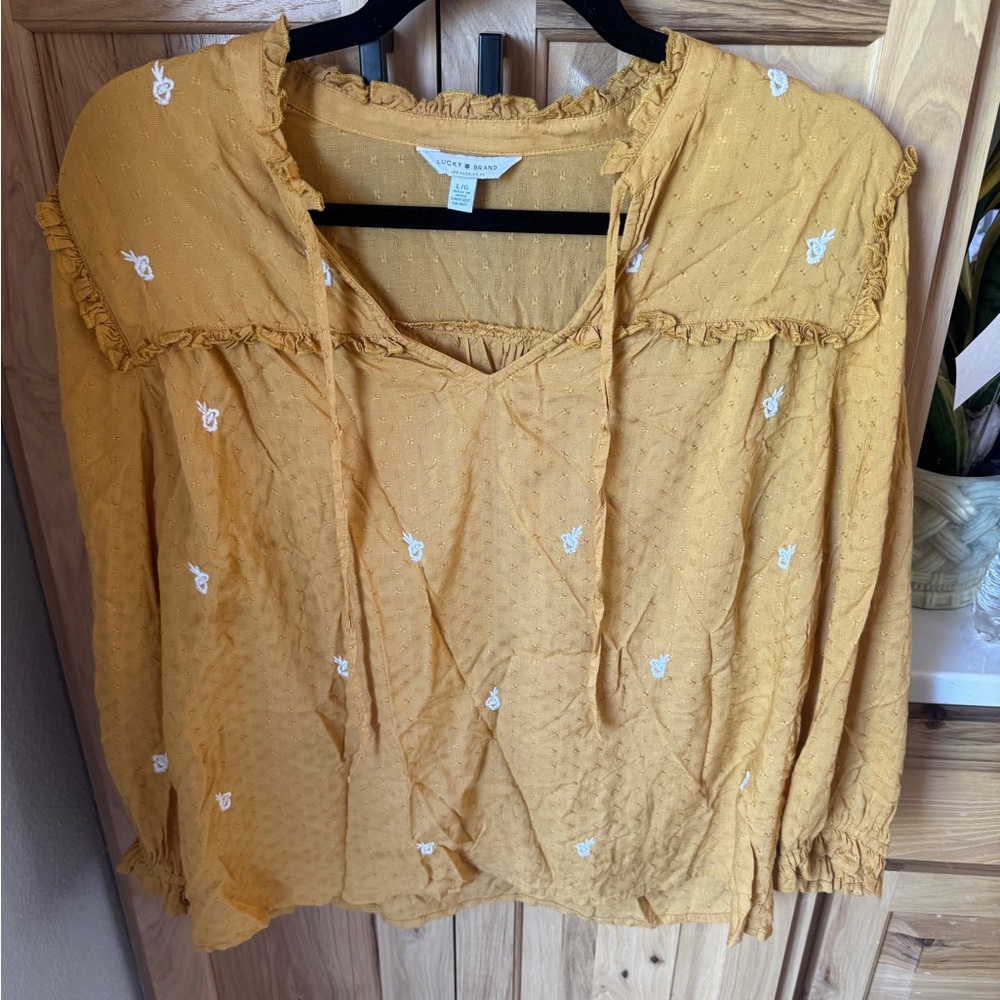 Lucky Brand Yellow Ruffled 3/4 Sleeve Blouse
